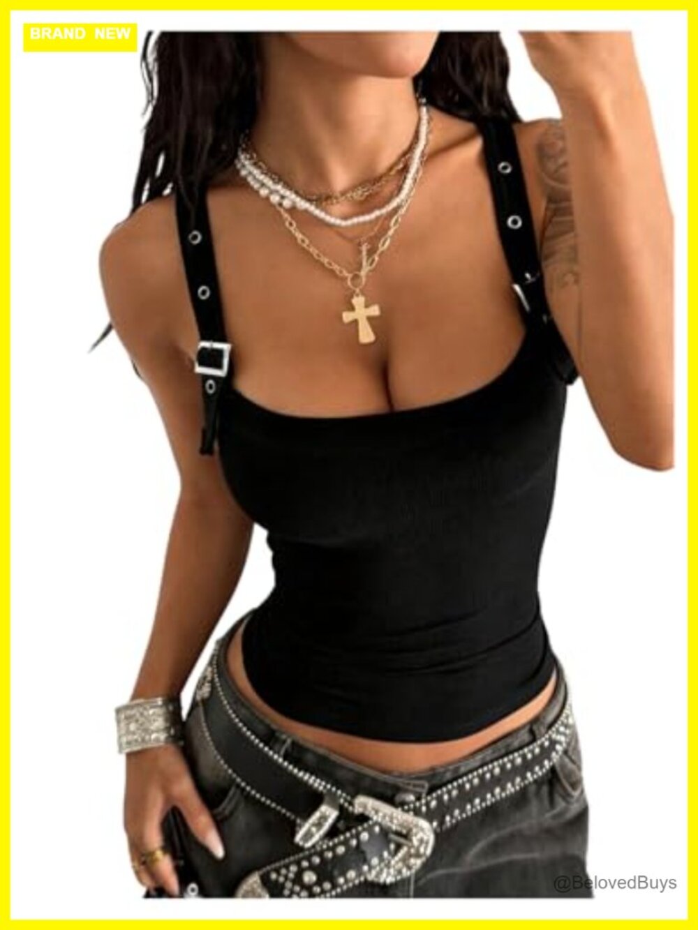 Women's Ribbed Knit Buckle Tank Top Scoop Neck Sleeveless Y2K Festival Top